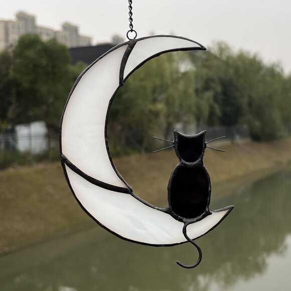 Black Cat Decor On White Moon Stained Glass Window Hanging Suncatcher for Window - Picture 2 of 7